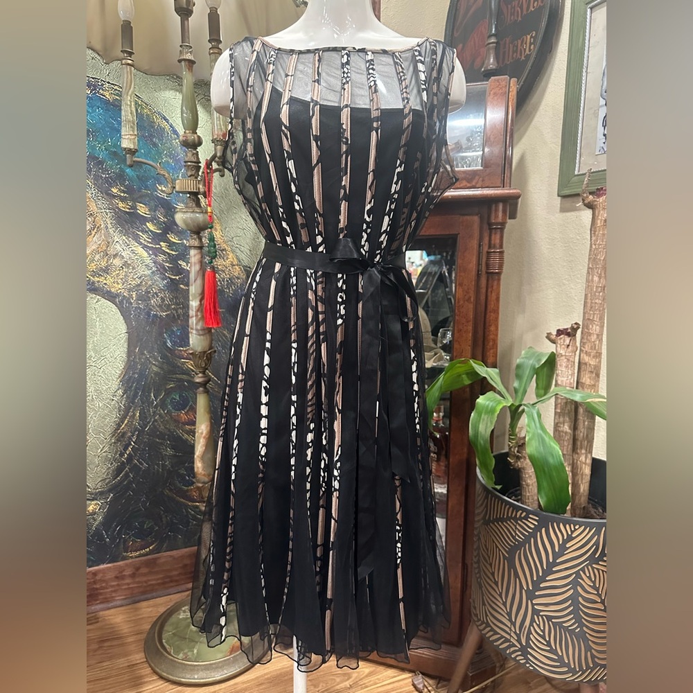 Dressbarn Collection Fit & Flare Midi Black Tan Mesh Overlay Ribbon Tie Waist - Picture 3 of 10